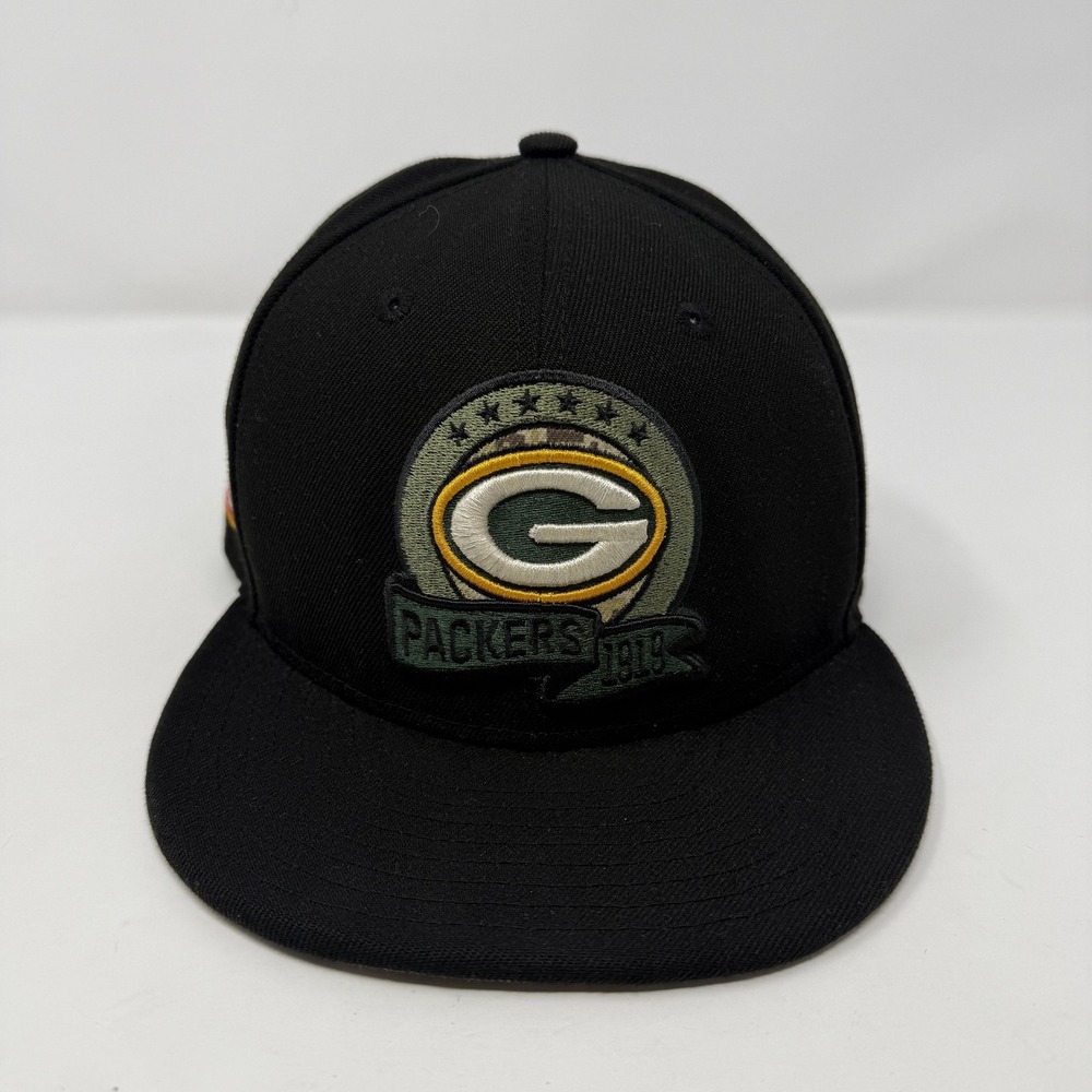Green Bay Packers Hat Cap Fitted Mens 7 3/8 Black NFL Salute To Service New Era